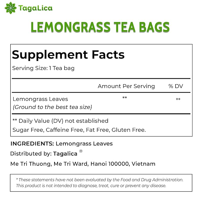 Tagalica, Premium 75 Lemongrass Tea Bags, 100% Natural & Pure Lemongrass leaves, Eco-Conscious Tea Bags, Lemongrass Herbal Tea. Lemongrass Leaf Tea. No Sugar, No Caffeine, No Gluten, Vegan.