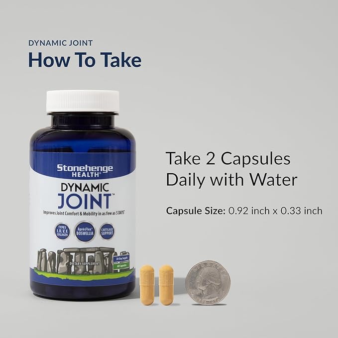 Stonehenge Health Dynamic Joint Health Supplement – Fast-Acting Support with AprèsFlex® Boswellia, MSM, Multi-Type Collagen, Turmeric, Bromelain, Vitamins C & D3 – Supports Joint Comfort – 60 Capsules