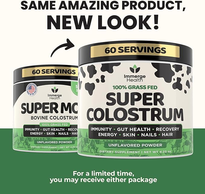 Super Colostrum Grass Fed Bovine Colostrum Powder for Bloating, Immune, Energy, Gut Health Hair, Skin and Nails Colostrum Supplement | 50% IgG Cow Colostrum for Humans | Superfood for Women and Men
