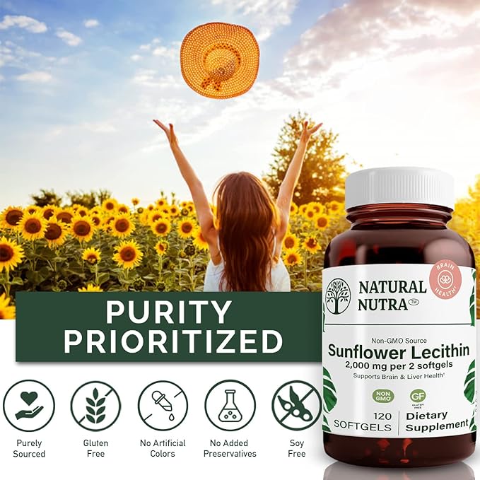 Natural Nutra Sunflower Lecithin 2000 mg Supplement, Supports Breastfeeding Moms with Plugged Milk Duct Relief, Liver & Brain Health Booster, Soy Free, Non-GMO, Gluten-Free, 120 Softgels (3 Pack)