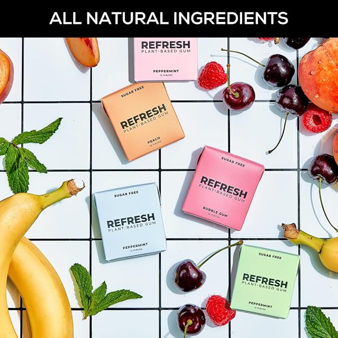 Refresh Gum, Xylitol, Natural, Sugar Free, Aspartame Free, Plastic Free, Organic Ingredients, Non GMO, Peppermint, Garden Mint, Bubble Gum, Peach & Raspberry Variety Pack, 12 Pcs, 6 Pack
