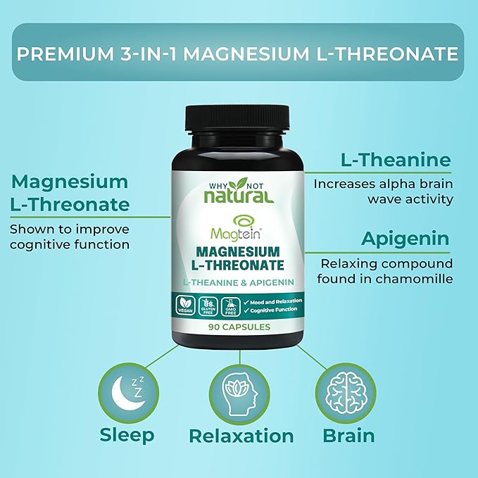Magnesium L-Threonate Complex with Apigenin and L-theanine, 90 Capsules, Patented Magtein Supplement