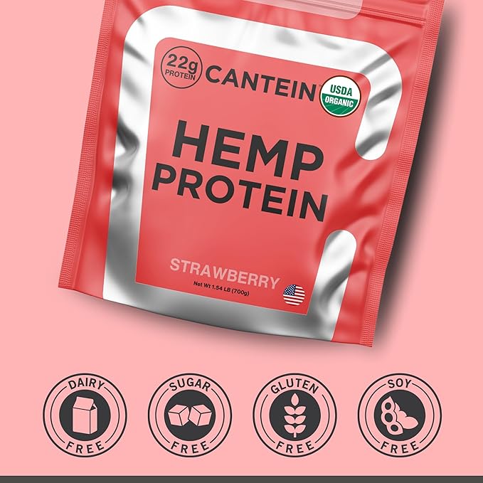 Organic Hemp Protein Powder, Plant Based and Vegan Protein Shake, Lactose and Dairy Free, Gluten Free, Clean and Natural- Strawberry (20 Servings)