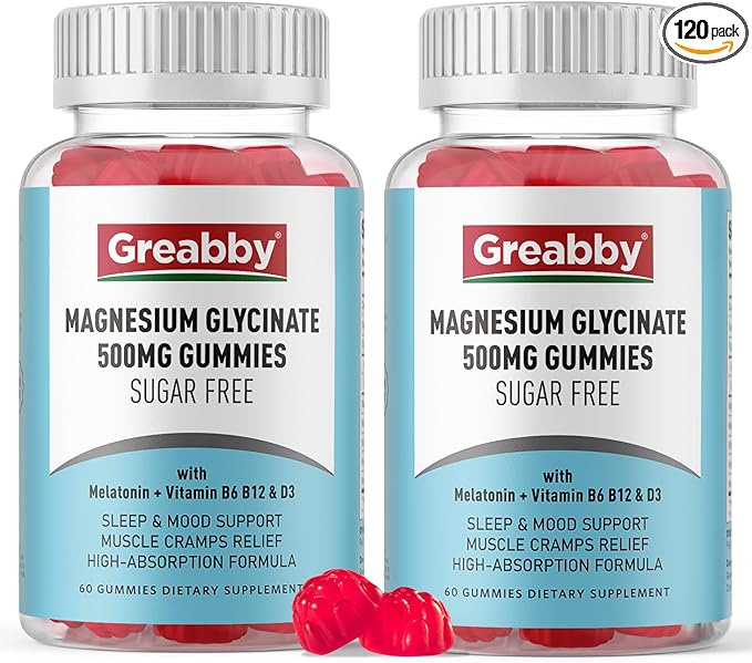 Magnesium Glycinate Gummies 500mg for Adults Sleep Support, Chewable Magnesium Gummies for Women & Men, Muscle Relief & Magnesium Supply (120 Gummies)