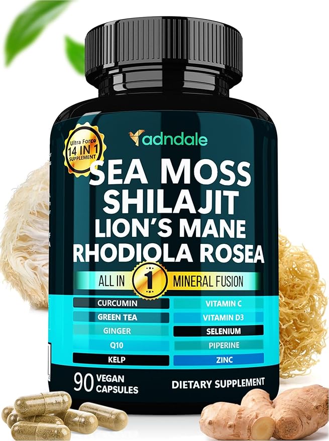 Adndale Sea Moss Capsules with Lion's Mane, Rhodiola Rosea, Shilajit for Women and Men Energy, Focus, Immune Support - 90 Count