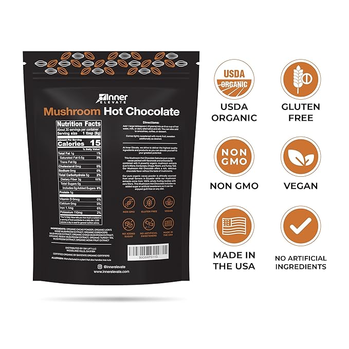 Organic Mushroom Hot Chocolate - Ceremonial Cacao with 5 Mushrooms (Lion's Mane, Cordyceps, Chaga, Reishi, Turkey Tail) - Great as a Coffee Alternative, Hot Chocolate, or Smoothie (30 Servings)
