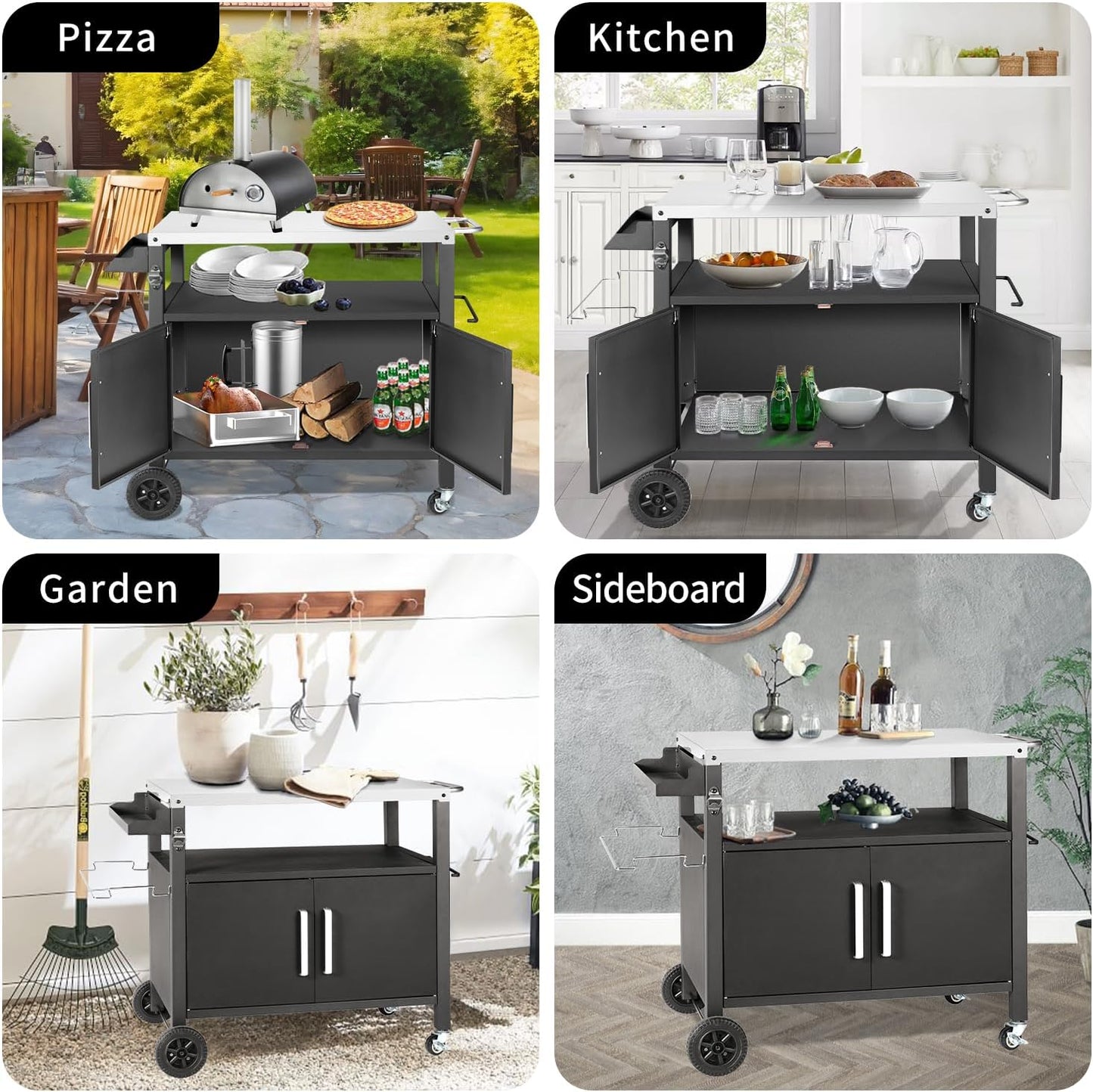 Dining Cart Table with Big Storage Cabinet, Movable Outdoor BBQ Grill Table Pizza Oven Stand, Kitchen Cart Island Multifunctional Food Prep for Inside and Outside