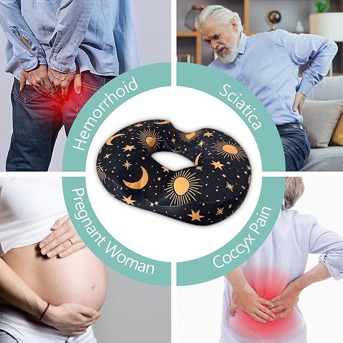 Donut Center Hole Hemorrhoid Pillow Memory Foam Hemorrhoids Seat Cushion for Tailbone or Coccyx Pain Relief Home Office Desk Chair Car Seat Cushions for Women Postpartum Pregnancy (Golden)