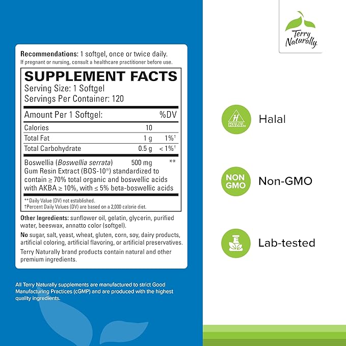Terry Naturally BosMed 500 Extra Strength - Boswellia Serrata Extract - Supplement for Healthy Lung Support - Herbal Supplement Formula with High Levels of AKBA - 120 Softgels (Pack of 2)