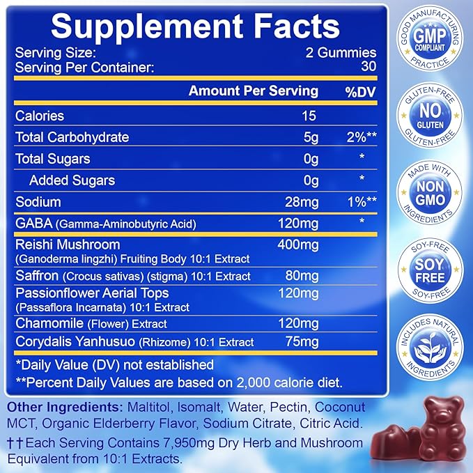 Sleep Mushroom Gummies with Reishi & Lions Mane -Natural Sleep Aid & Relaxation Supplement, Wild Elderberry Flavor, Non-GMO, No Sugar, 120 Count