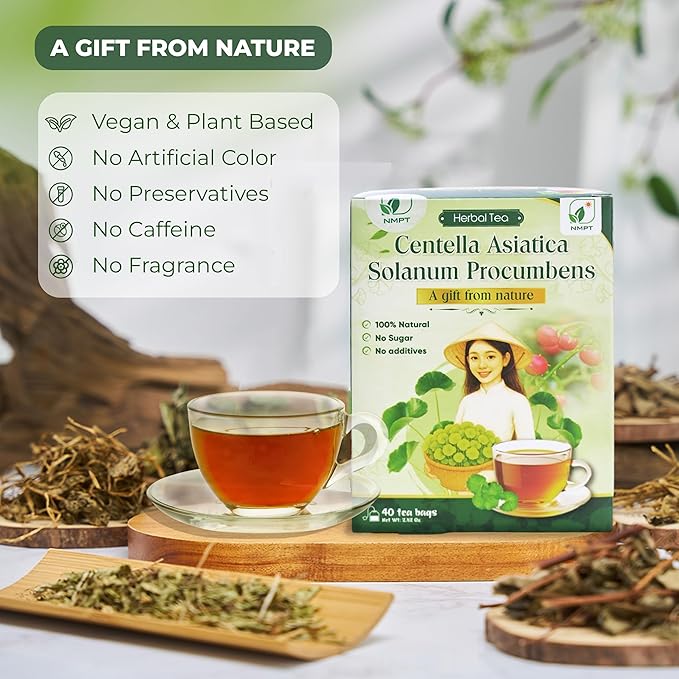 NMPT Dried Centella Asiatica Solanum Procumbens Tea, Handpicked and Handmade, 40 Sachets, Cold-Dried, Gluten-Free, No Added Sugar, Mild Sweet Flavor, Supports Overall Health