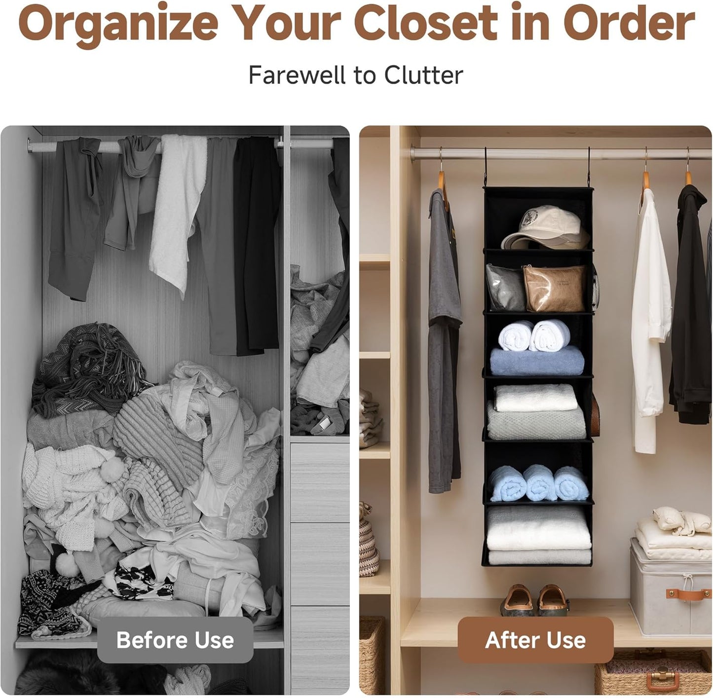 StorageWorks 6-Shelf Hanging Closet Organizers, Foldable Closet Storage Organizer with 2 Side Pockets, Portable Hanging Shelves for Wardrobe, Kid's Rooms, Dorms, RVs, 12" D x 12" W x 47 1⁄2" H, Black