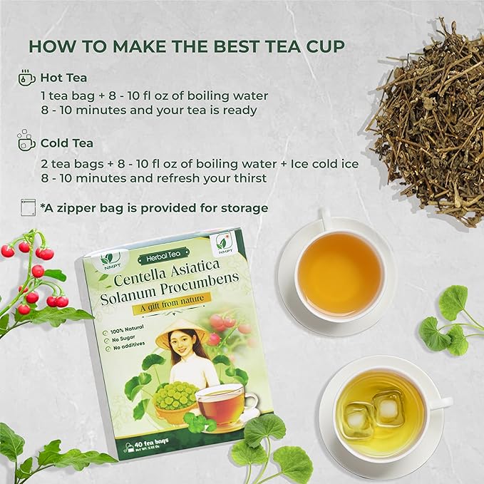 NMPT Dried Centella Asiatica Solanum Procumbens Tea, Handpicked and Handmade, 40 Sachets, Cold-Dried, Gluten-Free, No Added Sugar, Mild Sweet Flavor, Supports Overall Health