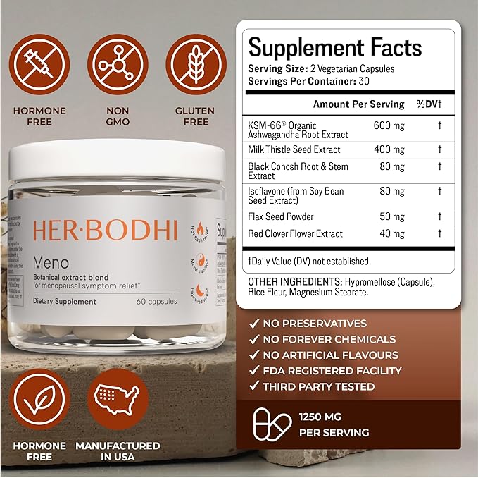 Meno- Menopause Hormonal Balance for Women, Estrogen Soy Isoflavones Menopause Supplement for Women, Holy Basil, Ashwagandha, Black Cohosh Hot Flashes Menopause Relief (60 Capsules)
