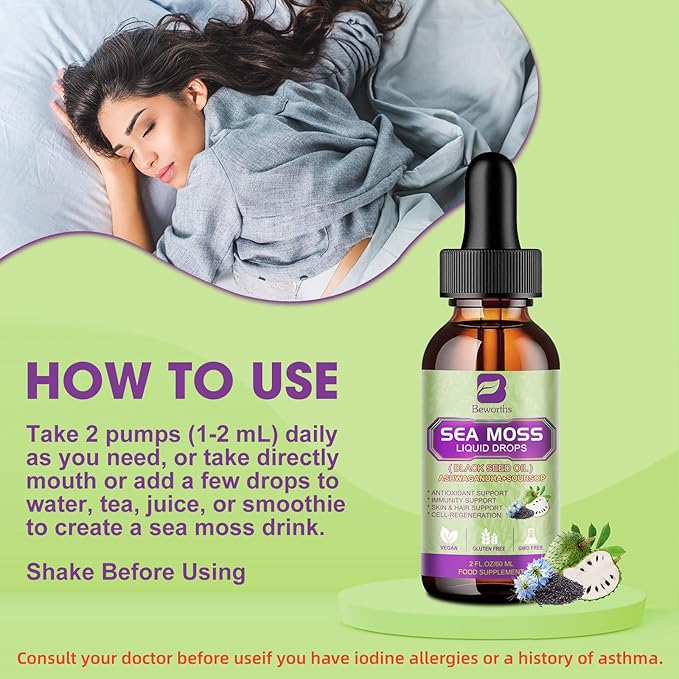 Sea Moss Liquid Drop - Black Seed Oil & Irish Sea Moss Gel with Ashwagandha, Soursop Bitters, Burdock Root, Bladderwrack, Elderberry, 6X Stronger Seamoss Supplment for Immune, Gut Health, Hair Support