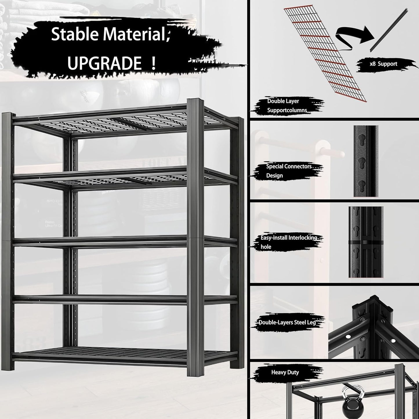 Standing Shelf Units Heavy Duty Storage Rack 3250LBS Industrial Wire Mesh Shelving Double Layer Support Floor Mount Black for Warehouse Basement Garage 72" H x 60" W x 23.5" D 5-Tier