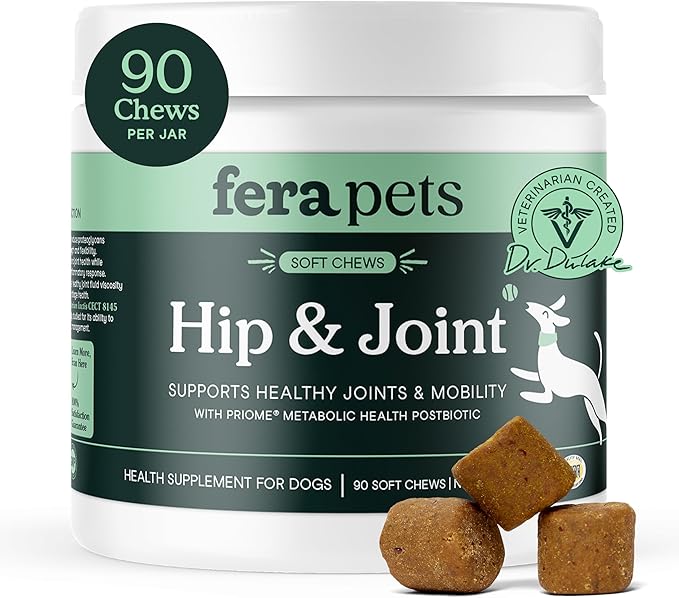 Fera Pet Organics Hip and Joint Supplement for Dogs 90 Chews Vet Created with Glucosamine Chondroitin, Omega 3, and Postbiotics to Support Overall Joint Health, Comfort, and Mobility