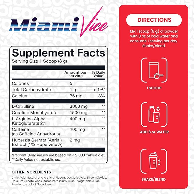 Pre-Workout with 200mg Caffeine and 3000mg Citrulline for Energy, Focus, and Strength Support, No Beta-Alanine Tingles, Vegan, Gluten-Free, Sugar-Free (30 Servings, Miami Vice)