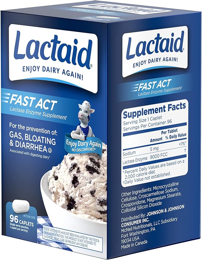 Lactaid Fast Act Lactose Intolerance Caplets with Lactase Enzyme, Dairy Relief from Gas, Bloating & Diarrhea, 9000 FCC Lactose Intolerance Pills, 96 Individual Travel On-The-Go Packs (96 x 1 ct)