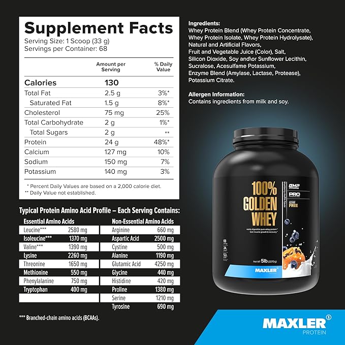 Maxler 100% Golden Whey Protein - 24g of Protein per Serving - Premium Whey Protein Powder for Pre Post Workout - Fast-Absorbing Whey Concentrate, Isolate & Hydrolysate Blend - Blueberry Muffin 5 lb