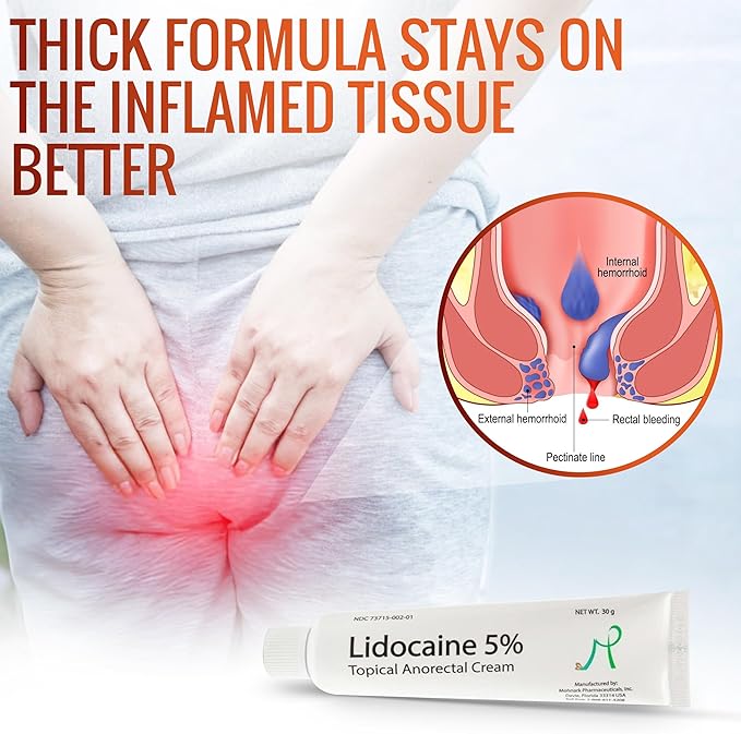 Maximum Strength 5% Lidocaine Hemorrhoid Treatment Cream for External and Internal Hemorrhoids Treatment Burn Itch Pain Relief Topical Anorectal Cream - 30 Gram Tube Made in USA 2PK