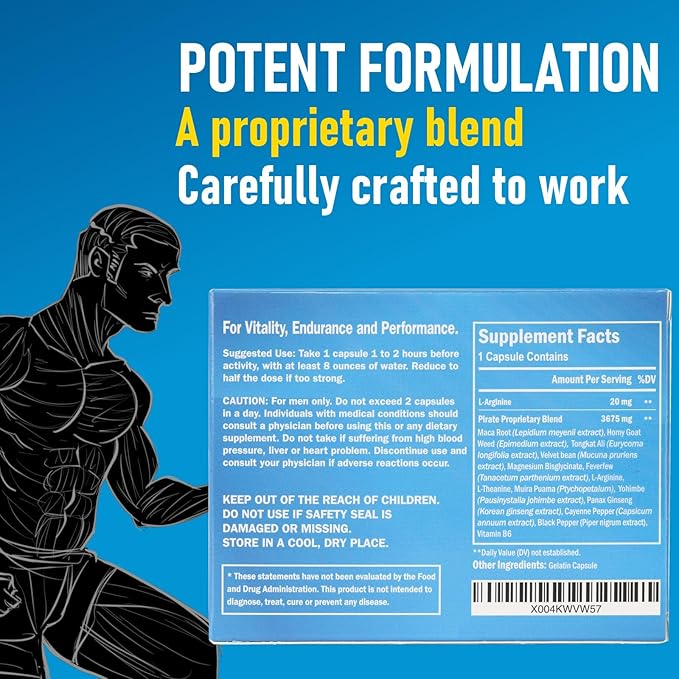 Pirate Male Supplement for Men – Fast-Acting Herbal Stamina & Energy Booster – Horny Goat Weed, Maca Root, Tongkat Ali, Muira Puama & Vitamin B6 – for Men’s Endurance, Vitality & Performance