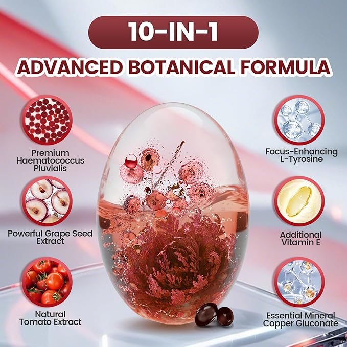 Astaxanthin 12mg, 480 Softgels, Fresh Haematococcus Pluvialis 10 in 1 Astaxanthin Antioxidant Supplements, Contains Lycopene, Grape Seed, Vitamin E, & More Supports Eye, Joints, Skin Health, 2 Bag