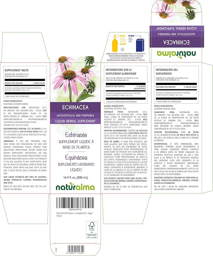 Naturalma Echinacea (Echinacea angustifolia and purpurea) Root and herb Alcohol-Free Tincture - 16.9 fl oz Liquid Extract in Drops - Herbal Supplement - Vegan