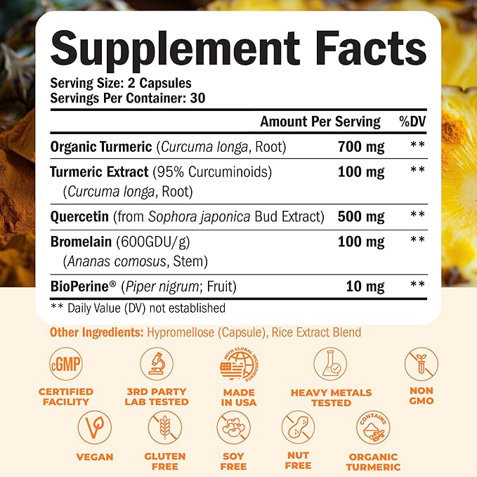Quercetin with Bromelain Turmeric Curcumin Supplement – Allergy Relief, Joint & Immune Support – Organic Turmeric Supplement with Black Pepper (Bioperine) – 60 Quercetin 500mg Capsules