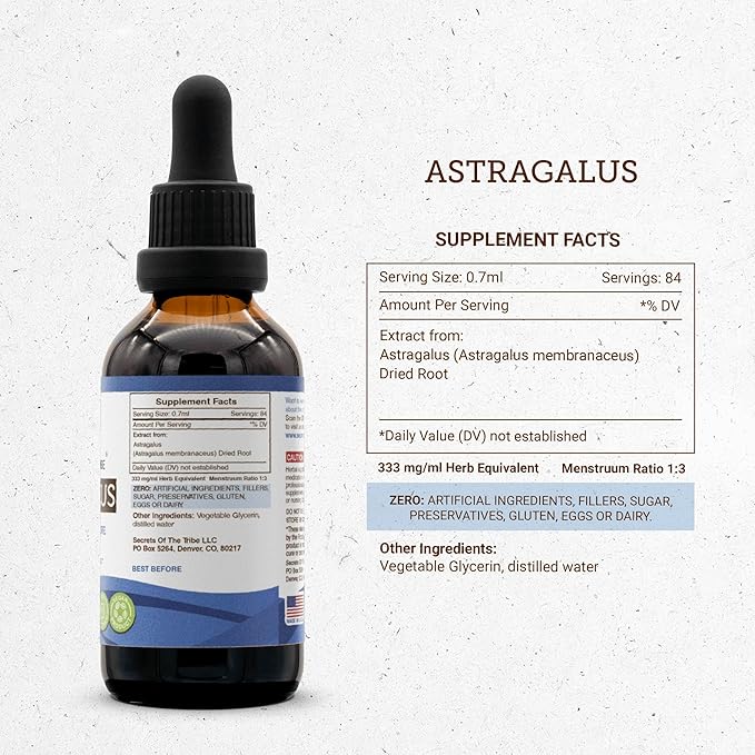 Secrets of the Tribe Astragalus Tincture Alcohol-Free Liquid Extract, Astragalus (Astragalus membranaceus) Dried Root (2 FL OZ)