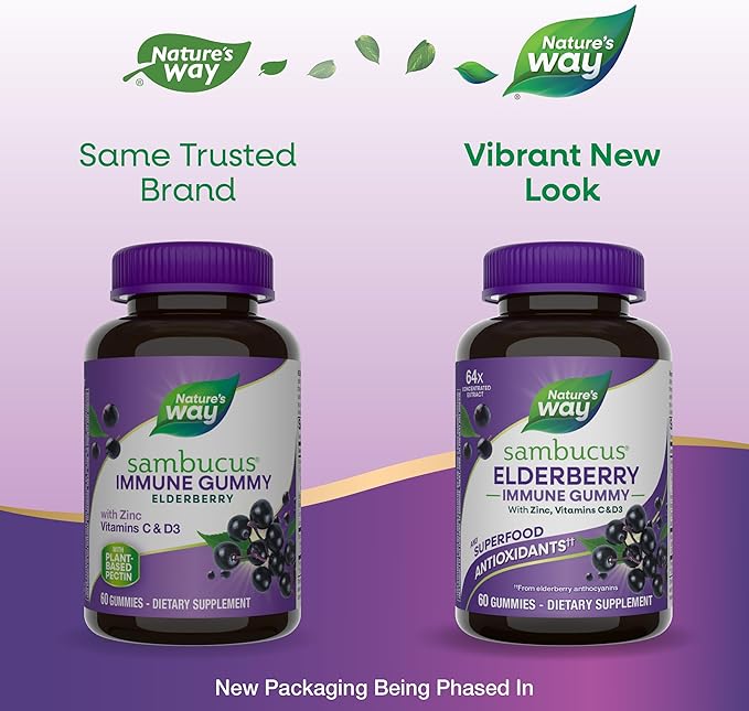 Nature’s Way Sambucus Elderberry Immune Support Gummies for Kids & Adults* with Black Elderberry Extract, Vitamin C, Vitamin D3, and Zinc, 60 Gummies (Packaging May Vary)