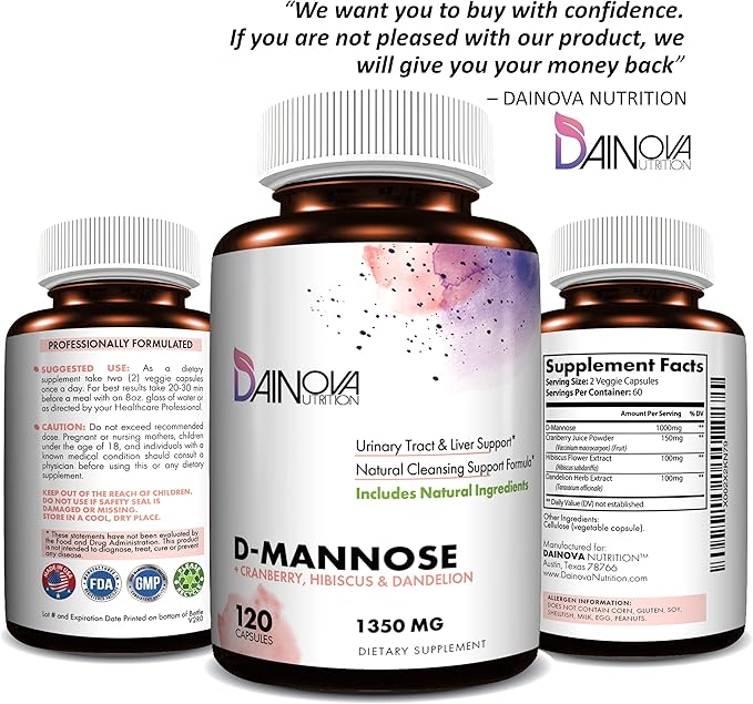 Dainova D Mannose 1350mg with Cranberry I D-Mannose Capsules for UTI Prevention, Urinary Tract Support, Urinary Tract Health for Women, & Cleanse. W/Hibiscus & Dandelion, 120 Veggie Capsules