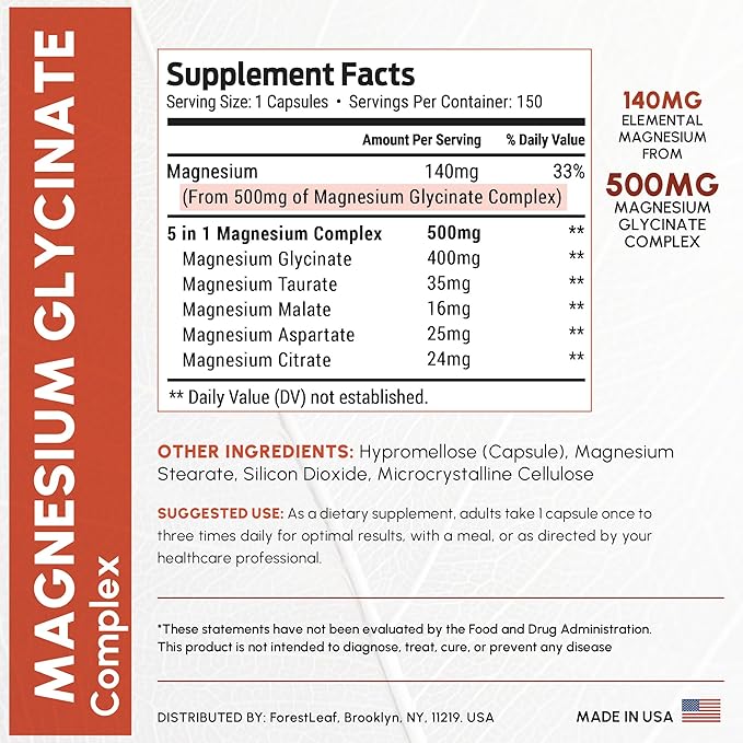 Magnesium Glycinate 500mg Complex - Magnesium Supplement Capsules for Sleep and Calmness - Non-GMO, 3rd Party Tested - 150 Pills for Women & Men by ForestLeaf