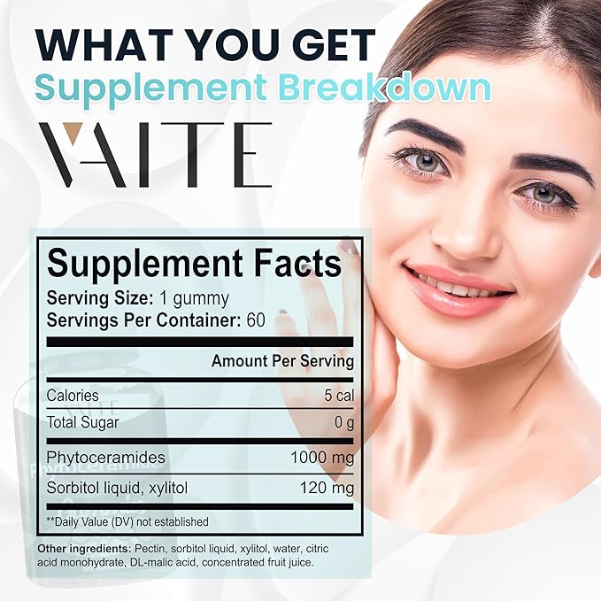 Phytoceramides Supplements Skin Hydration - 1000mg Gummies for Radiance & Youthful, Plant-Based Beauty Antioxidant Supplement for Women & Men, Supports Smoothness & Texture, 60 Vegan Chewables