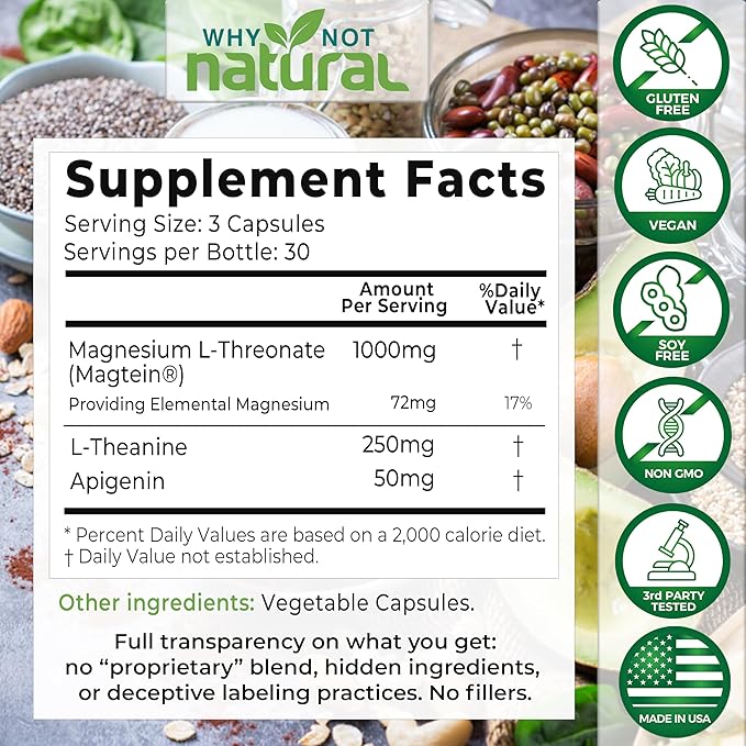 Magnesium L-Threonate Complex with Apigenin and L-theanine, 90 Capsules, Patented Magtein Supplement