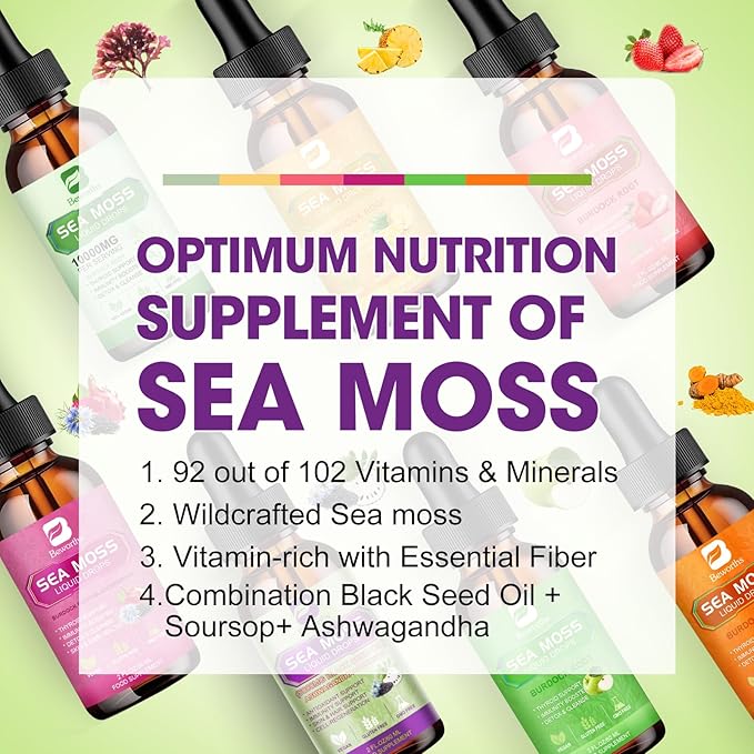 Sea Moss Liquid Drops - Irish Sea Moss & Black Seed Oil with Ashwagandha, Soursop Bitters, Elderberry, Burdock Root, Bladderwrack, Seamoss Supplement Support Antioxidant, Immune, Gut Health