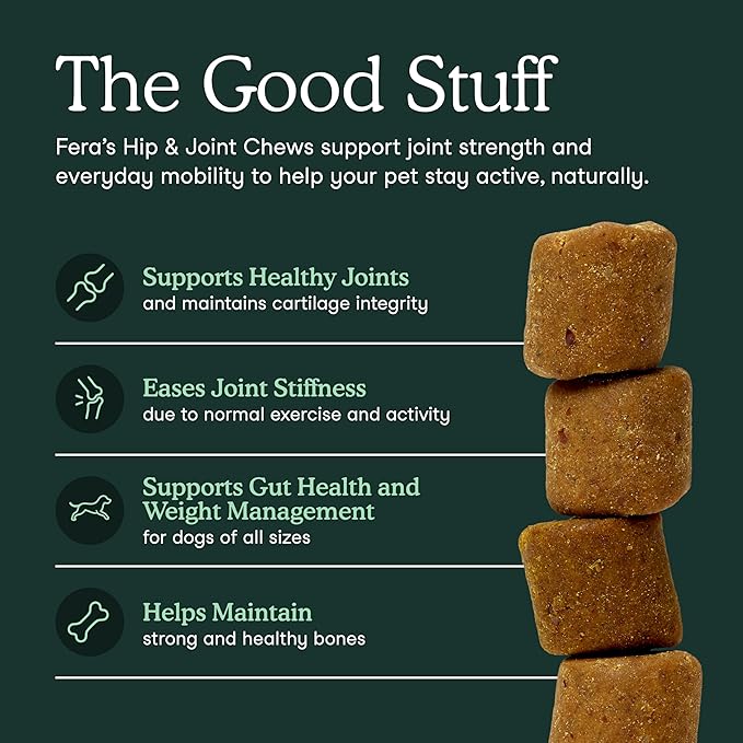 Fera Pet Organics Hip and Joint Supplement for Dogs 90 Chews Vet Created with Glucosamine Chondroitin, Omega 3, and Postbiotics to Support Overall Joint Health, Comfort, and Mobility