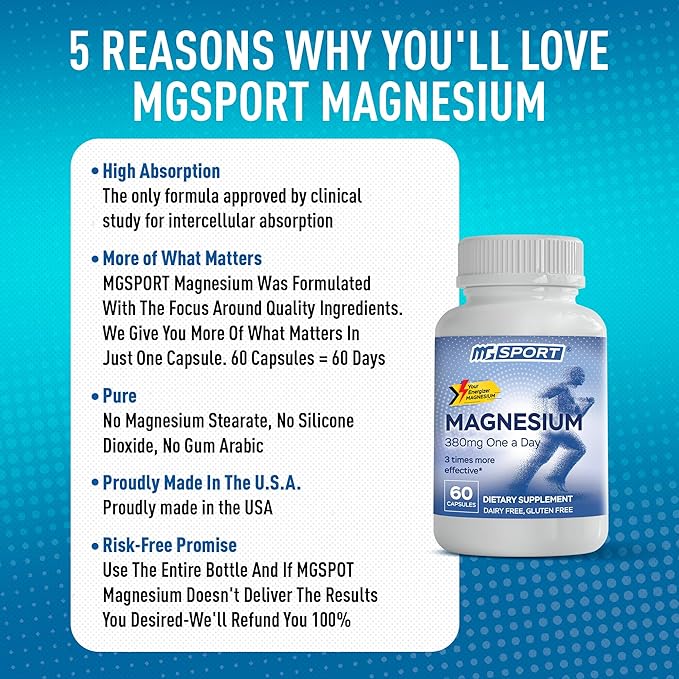 Magnesium Supplement Complex MGSPORT- High Absorption with Vitamins B6, D, E - Relieves Leg Cramps & Muscle Support - 60 Servings