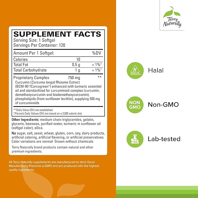 Terry Naturally CuraMed 750 mg - Antioxidant Supplement for Brain & Heart Health - Supplement with High-Potency Curcumin Complex - Kidney, Liver & Immune Health Support - 120 Softgels (Pack of 2)