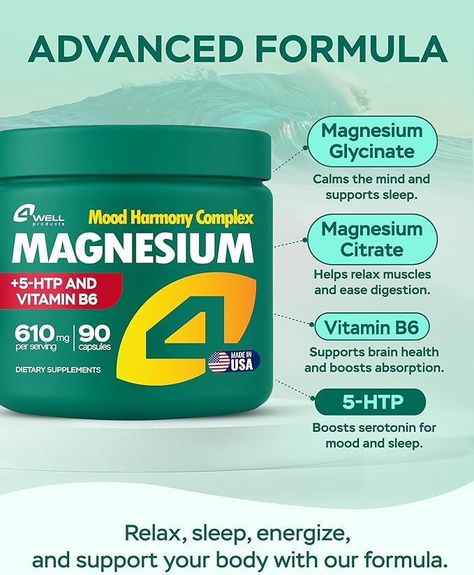 Magnesium for Sleep – Advanced Complex 610Mg with Glycinate, Citrate, Vitamin B6 for 3X Absorption & 5-HTP – Supports Sleep, Nighttime Relaxation, Nerve, Muscle, Bone & Energy Health