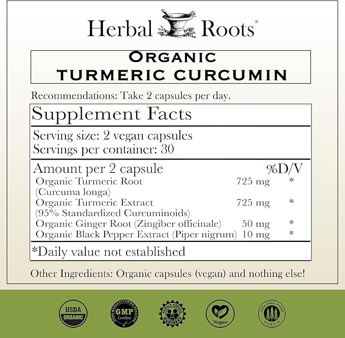 Herbal Roots - Turmeric Curcumin Capsules - Extra Strength - 1000mg Pure Organic Turmeric Supplement, 95% Standardized Curcumin Extract with BioPerine Pepper and Ginger