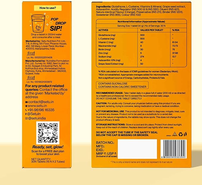 SETU Skin Renew, Glutathione with Vitamin C, Gluta Fizz, Supports Detoxification, Sugar-Free, Orange Flavour, 30 Effervescent Tablets
