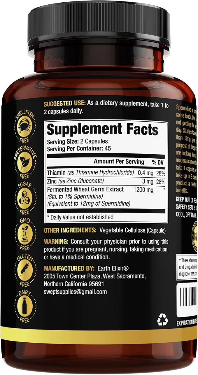 Spermidine Supplements 1200mg (90 Capsules) ā Anti Aging - 3rd Party Tested (12mg Spermidine Powder) Max Purity - 100% Pure Espermidina- Fermented Wheat Germ Extract - NMN Alternative