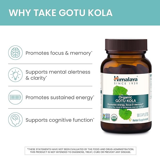 Himalaya Organic Gotu Kola, Herbal Supplement for Energy, Focus, Memory, Alertness, Concentration, Calms The Mind, Cognitive Support, Non-GMO, USDA Organic, 90 Plant-Based Caplets, 45 Day Supply