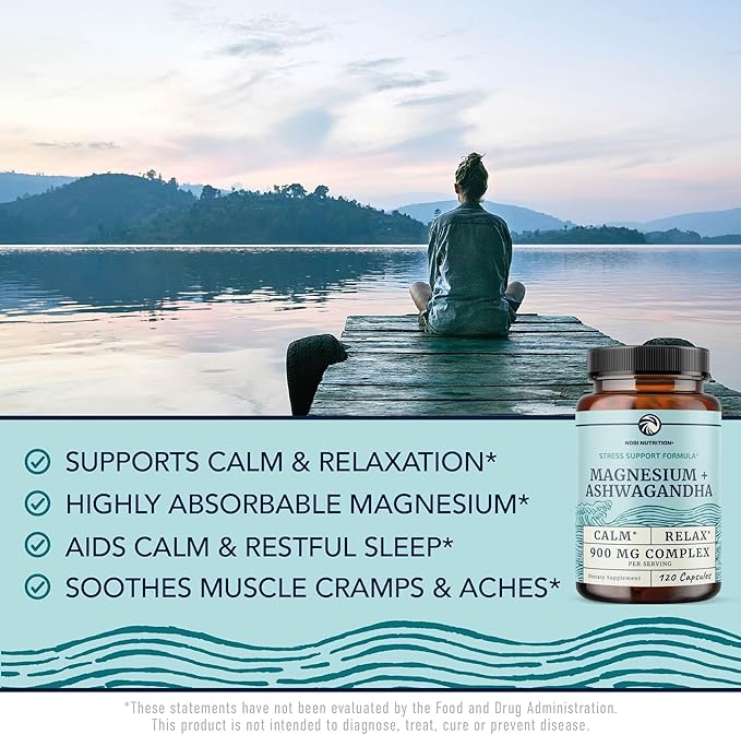 Magnesium Ashwagandha | Calming Magnesium Supplement for Adults | Relax, Rest, Calm Mood & Sleep Support | Mag Citrate & Oxide 400 mg + Ashwagandha 500 mg | Muscle Health & Stress Relief | 120 Ct