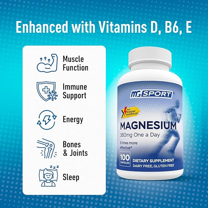 Magnesium Supplement Complex MGSPORT - High Absorption Supplement with Vitamins B6, D, E - Relieves Leg Cramps & Muscle Support - 100 Servings
