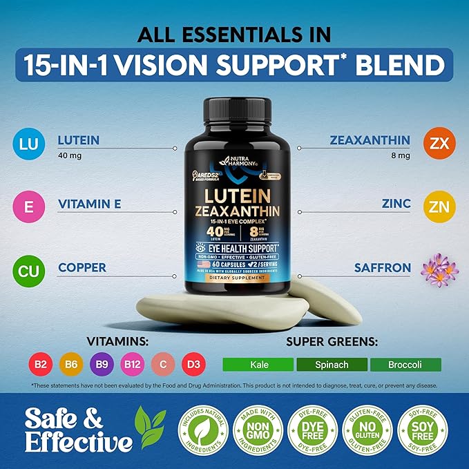 Eye Vitamins - Lutein and Zeaxanthin Supplements - AREDS2 Based Supplement for Seniors & Adults - Eye Health & Vision Support - Saffron, Zinc, Vitamins, Copper, Super Greens - Made in USA, 60 Capsules