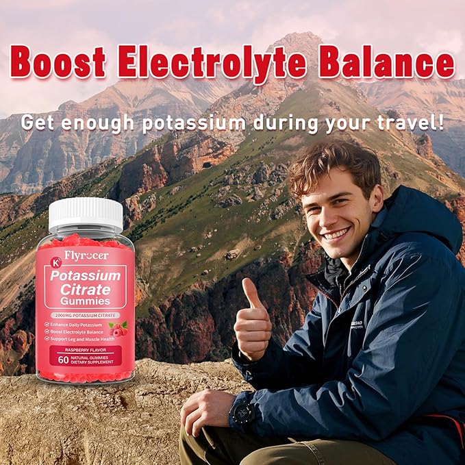 Potassium Citrate Gummies for Adults Men & Women, Potassium Supplement for Support Leg Cramps, Muscle Health & Electrolyte Balance, Vegan, Raspberry Flavor, 60 Count