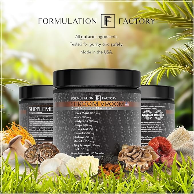 Shroom Vroom: 10-in-1 Mushroom Supplement, Lion’s Mane, Reishi, Cordyceps, Chaga, Turkey Tail, Tremella, Shiitake, Maitake, King Trumpet & Enoki, Brain Boost, Immune Support (360 count Pack of 3)