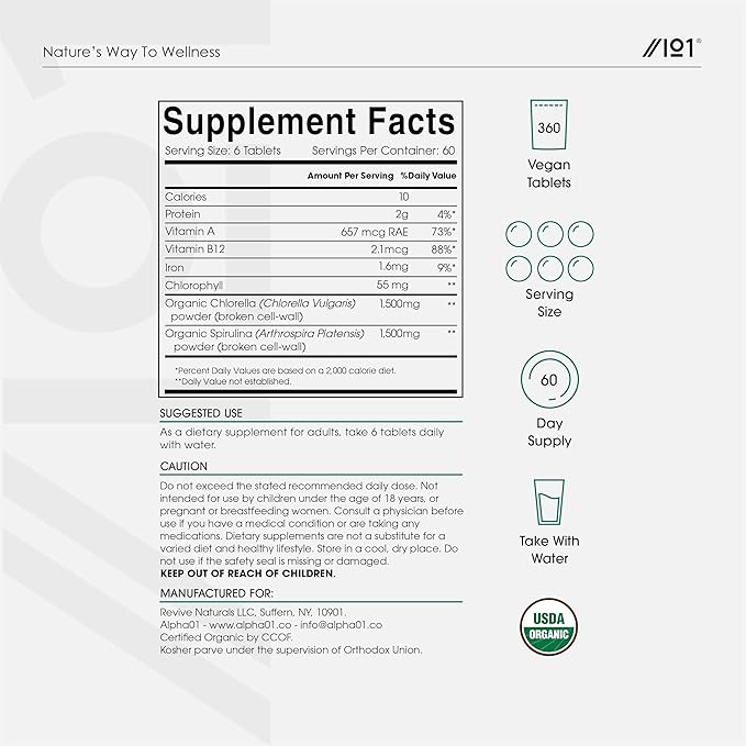 ALPHA01 Organic Spirulina Chlorella Tablets 3000mg – 360 Counts – 50/50 Blend Superfood – No Filler, No Additives, Cracked Cell Wall – Rich in Vegan Protein & Chlorophyll